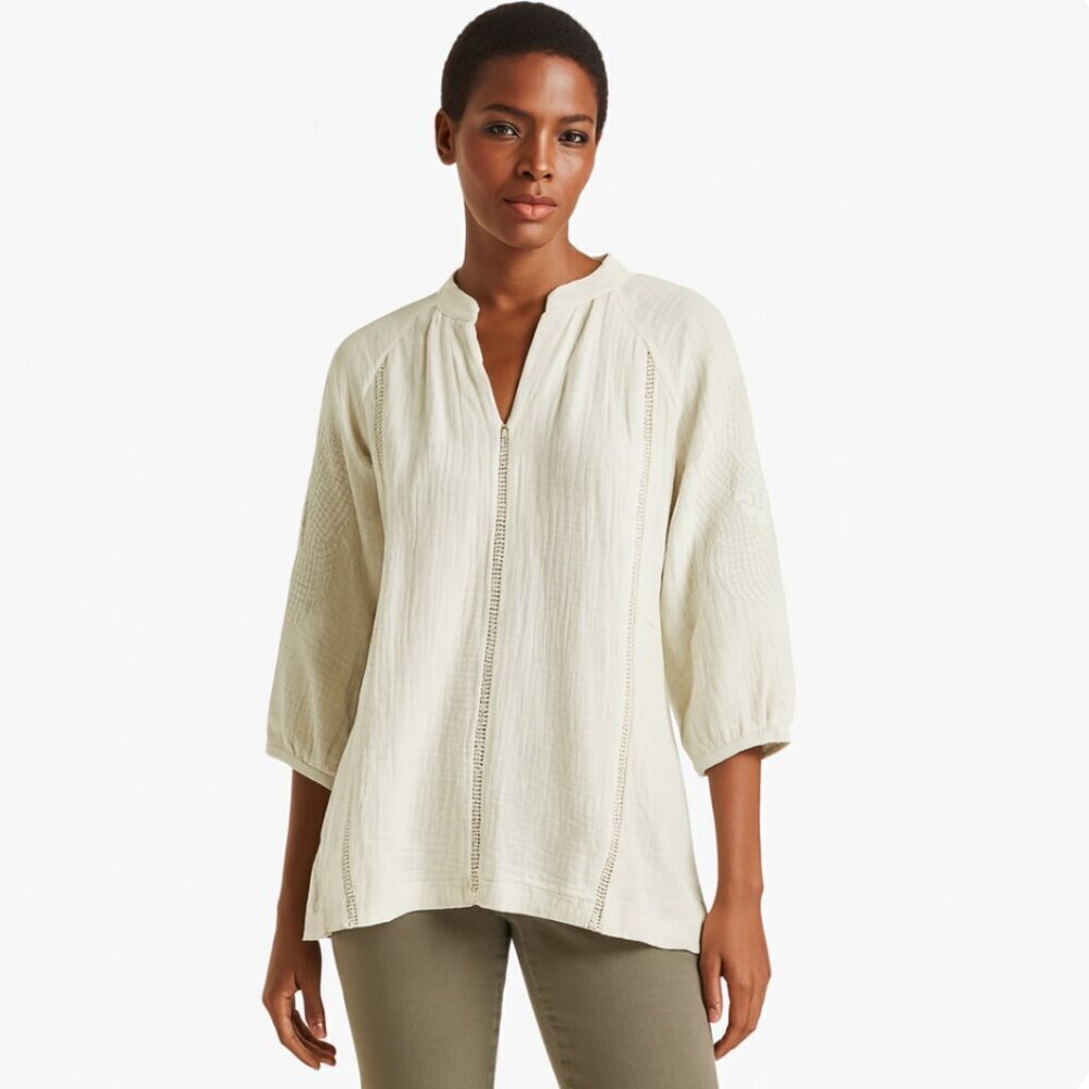 Soft Surroundings size Medium Ivory Gauze long sleeve tunic top Boho beachy